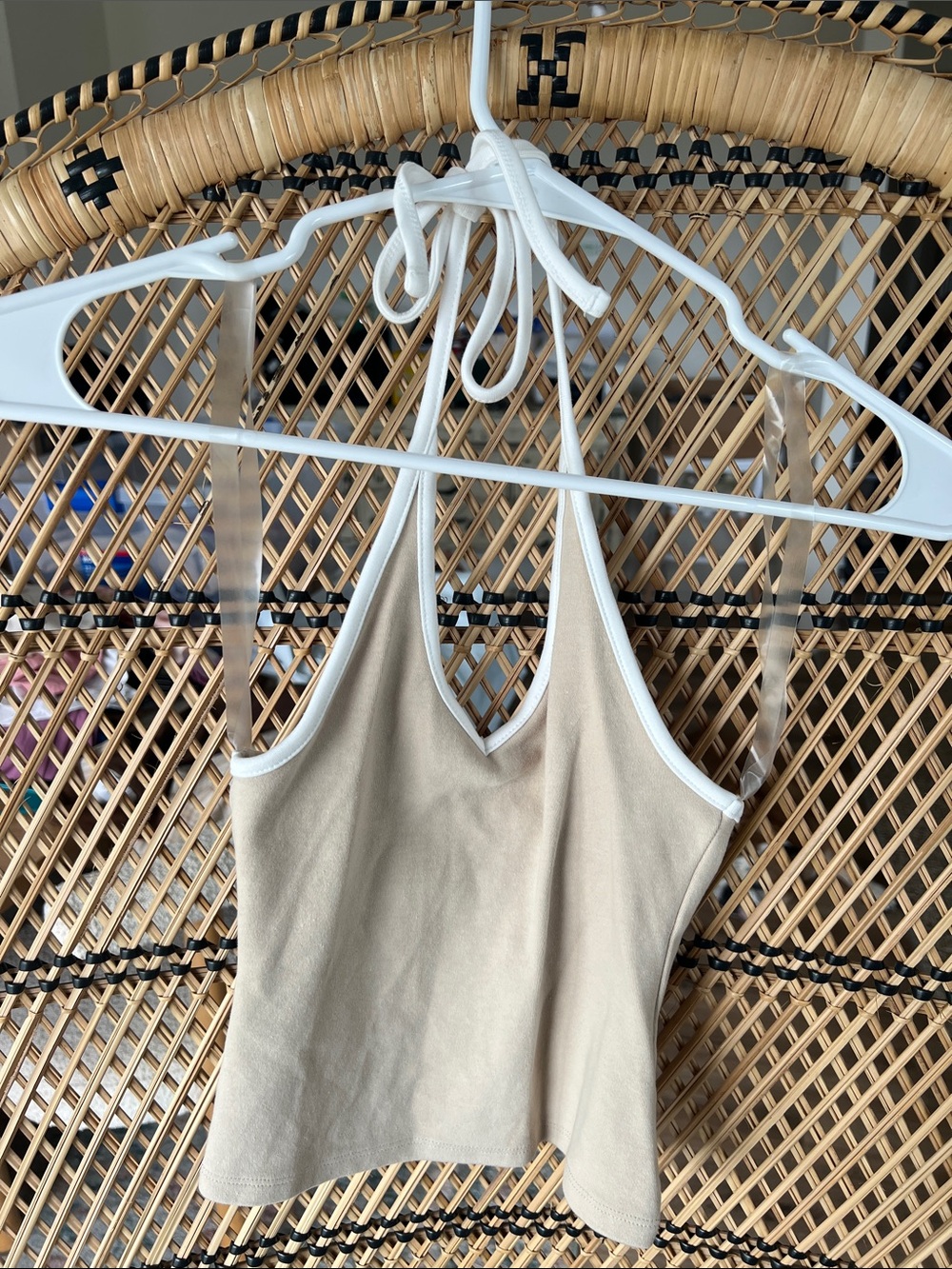 Wild fable Beige Halter Crop Top with White Trim